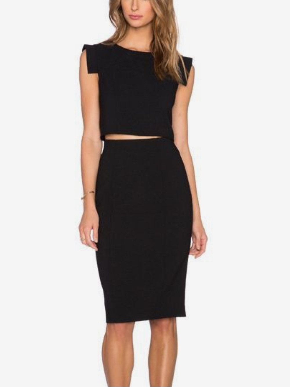 Black Halo Black Midi Pencil Dress with Cutout Waist